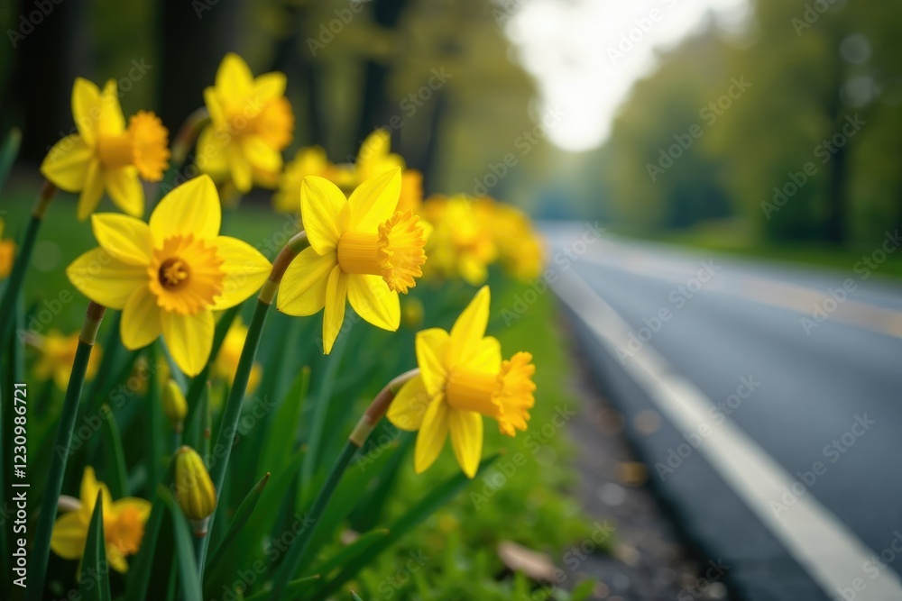 Obraz premium Daffodils and buttercups bloom beside the asphalt road, roadside, nature, daffodils