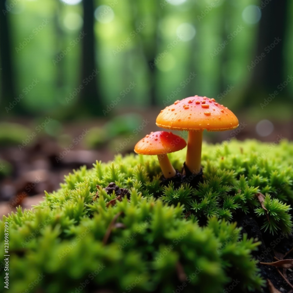 Forest floor with moss and tiny orange mushrooms, forest, mushroom Forest floor with moss and tiny orange mushrooms, forest, mushroom
