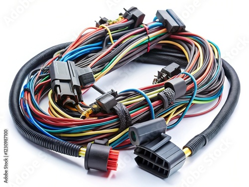 SUV Front Right Door Wiring Harness Isolated on White Background - Automotive Electrical System Component Stock Photo