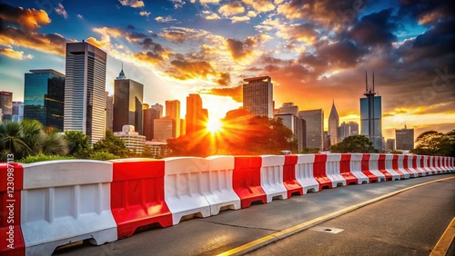 Sydney CBD Roadside Safety: Red & White Plastic Barriers Protecting Concrete Wall