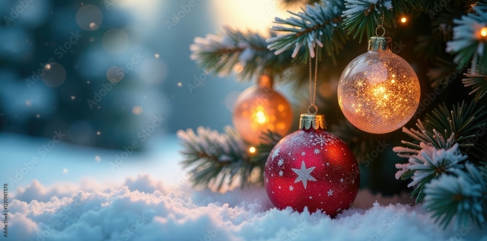 Obraz premium frosted glass ornaments sparkling in the soft light of a snowy winter landscape with a majestic fir Christmas tree, tree, evergreen, sparkle