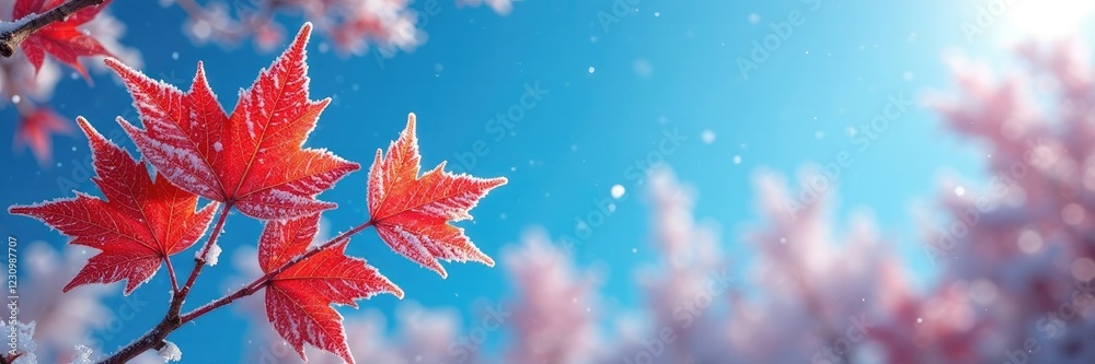 Frosty maple leaves against a bright blue sky, nature, frost Frosty maple leaves against a bright blue sky, nature, frost