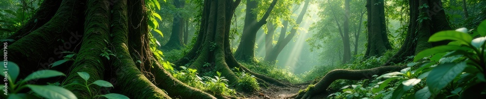 Obraz premium Jungle vines twine around ancient tree trunks, overgrown trees, entwined growth, dense foliage