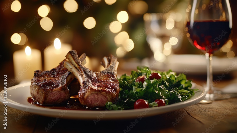 Deliciously Cooked Lamb Chops Served with Fresh Greens on a Rustic Dinner Table Enhanced by Warm Ambient Light and Candle Glow for a Cozy Dining Experience Deliciously Cooked Lamb Chops Served with Fresh Greens on a Rustic Dinner Table Enhanced by Warm Ambient Light and Candle Glow for a Cozy Dining Experience