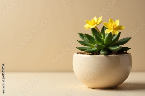 Low-light beigesucculent in beige ceramic planter with yellow flowers, lowlightsucculent, desert blooms photo