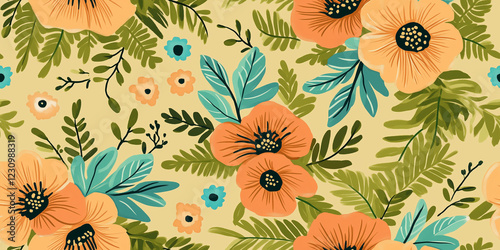 Hand-drawn poppy flowers pattern with botanical details on pastel background.
