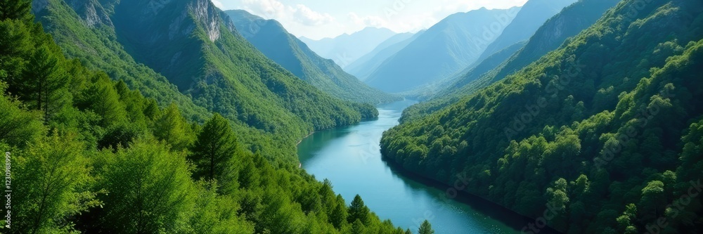 Serpentine river winding through dense mountain forest, river, landscape Serpentine river winding through dense mountain forest, river, landscape