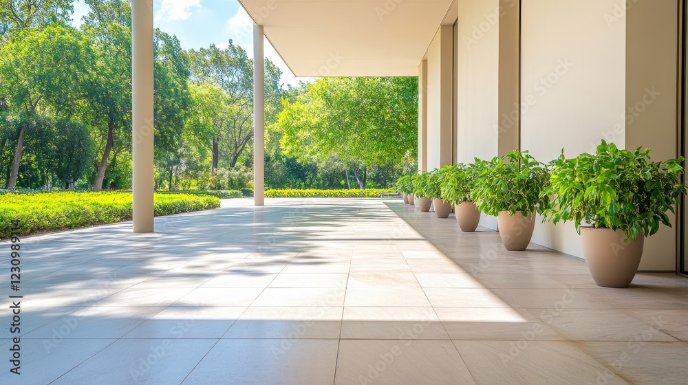Naklejka premium Modern Architectural Landscape with Lush Greenery and Elegant Planters in Bright Natural Light, Showcasing a Serene Outdoor Space