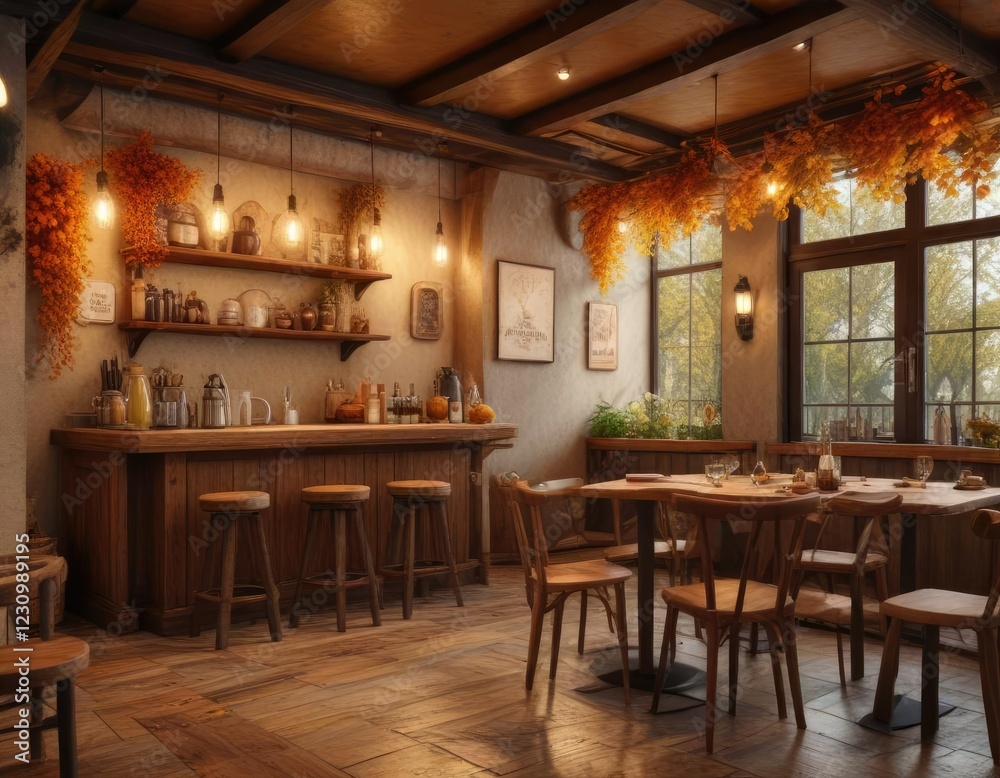 Cozy autumn cafe with warm lighting and wooden decor, wooden decor, cozy atmosphere Cozy autumn cafe with warm lighting and wooden decor, wooden decor, cozy atmosphere