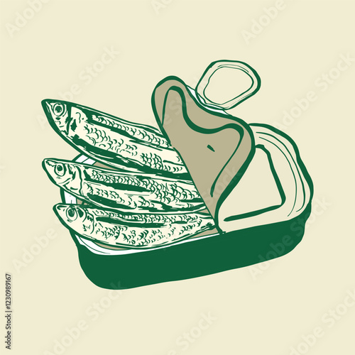 Green Vintage Oiled Sardines. Drawing illustration of an open sardine tin with detailed fish, perfect for seafood packaging, culinary themes, or retro designs.