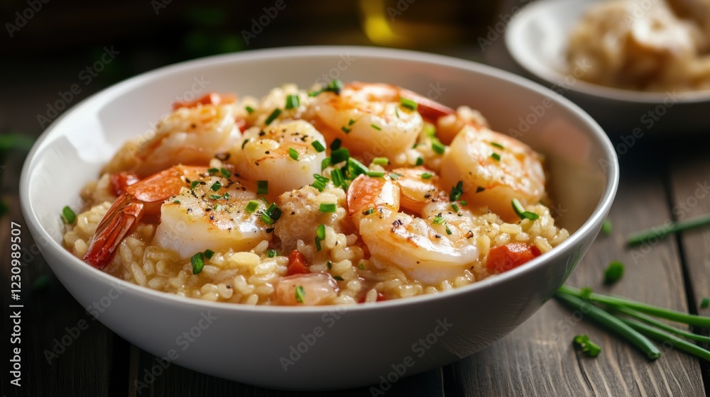 A rich and creamy seafood risotto with shrimp, scallops, and a sprinkle of fresh herbs A rich and creamy seafood risotto with shrimp, scallops, and a sprinkle of fresh herbs