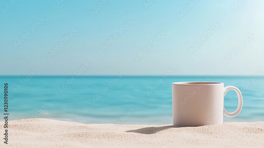 White Mug of Coffee on Sandy Beach with Ocean View White Mug of Coffee on Sandy Beach with Ocean View