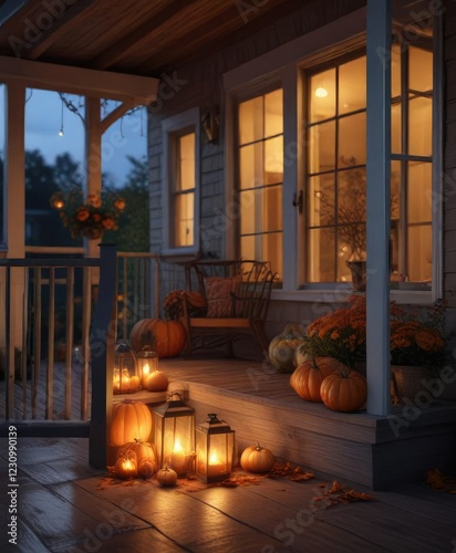 Cozy fall evening on the porch with pumpkins and lanterns, porch, natural, autumn photo