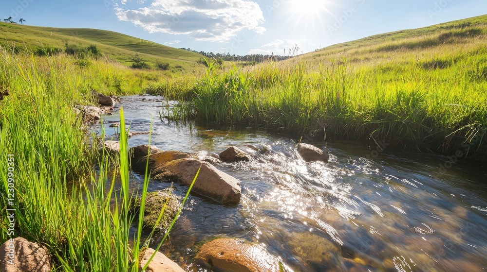 Sunny Stream Flows Through Lush Green Grassy Hills Sunny Stream Flows Through Lush Green Grassy Hills