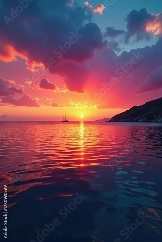 Sunset colors reflected in calm sea at Mindelo bay, mindelo bay, cape verde beaches, serene landscape