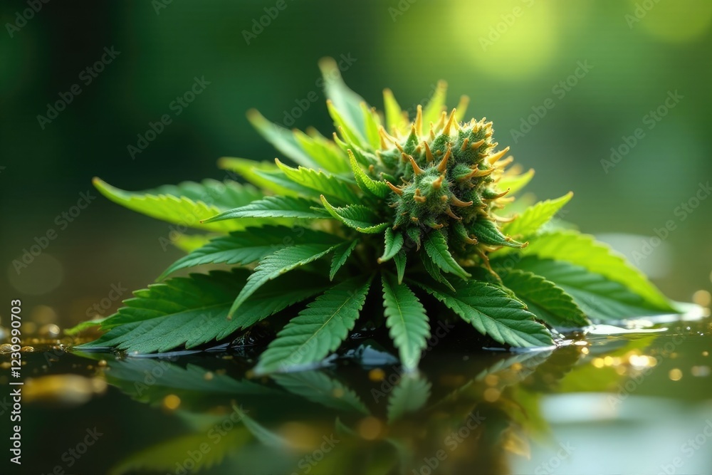 A bundle of cannabis water leaves in a watery environment with golden resin, botanical, gold A bundle of cannabis water leaves in a watery environment with golden resin, botanical, gold