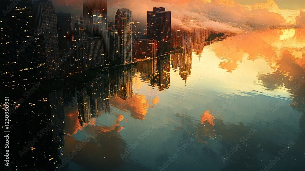 Obraz premium Urban Reflection: Cityscape mirrored in tranquil waters at twilight
