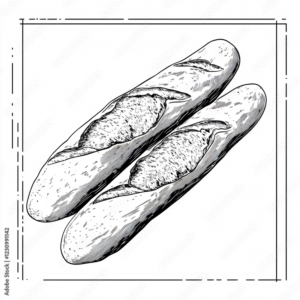 French Baguette Bread Sketch for Culinary Design Projects - Adobe Stock Image French Baguette Bread Sketch for Culinary Design Projects - Adobe Stock Image