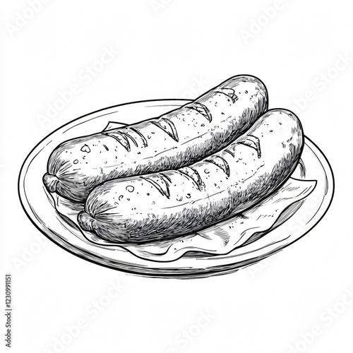 Authentic Hand-Drawn German Currywurst Sketch on White Background for Culinary Design Projects