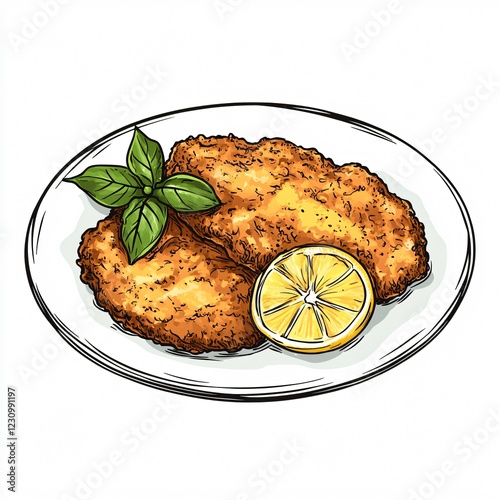 Traditional German Schnitzel Sketch with Lemon for Culinary Designs