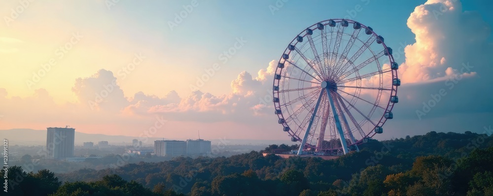 A majestic ferris wheel towering above a vast and open landscape, wide, clouds, majestic A majestic ferris wheel towering above a vast and open landscape, wide, clouds, majestic