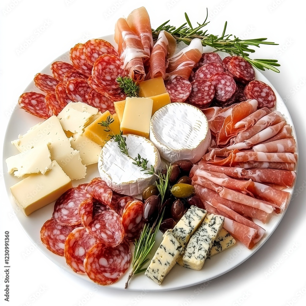 A platter of charcuterie with prosciutto, salami, and assorted cheeses A platter of charcuterie with prosciutto, salami, and assorted cheeses