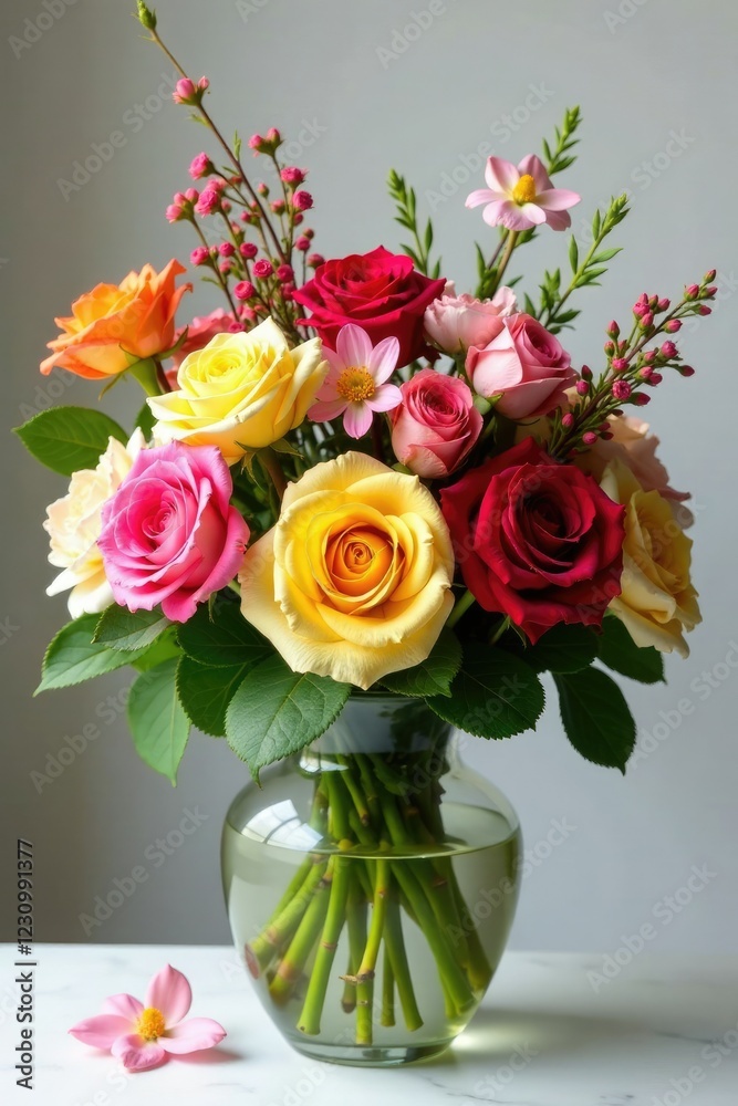 Obraz premium A mix of colorful roses and other flowers in a large vase, centerpiece, gardenia, flowers