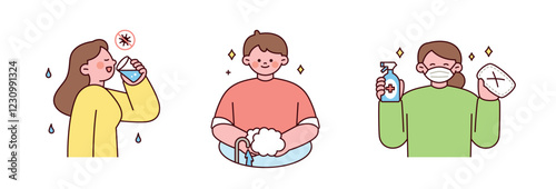 Fine dust. People drinking water, washing their hands, and cleaning on a day with a lot of dust. simple outline illustration.