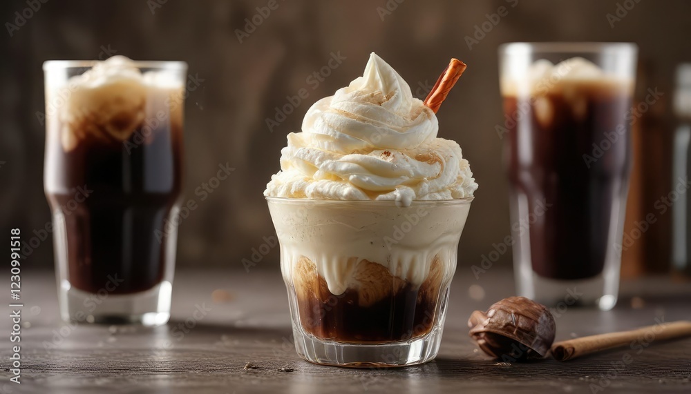 Creamy vanilla ice cream atop a glass of cold root beer , creamy treat, cold drink, bar background Creamy vanilla ice cream atop a glass of cold root beer , creamy treat, cold drink, bar background