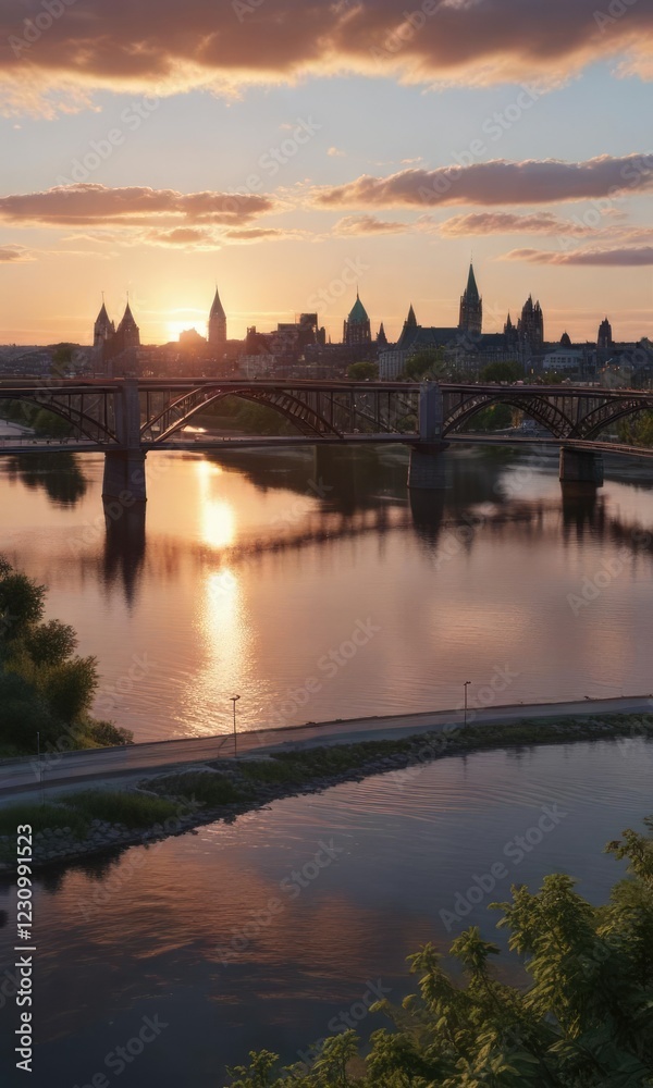 Fototapeta premium Panoramic view of Ottawa at sunset with Alexandra Bridge in foreground , colors, canada, nature