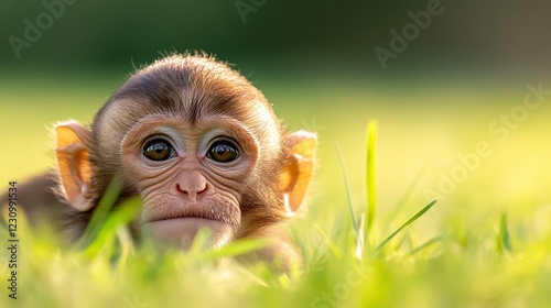 Baby monkey enjoys playful moments with its tail in a sunny meadow photo