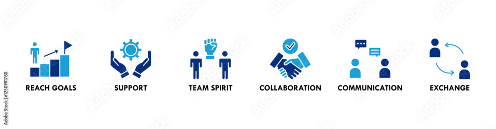Working together banner web icon vector illustration concept for team management with an icon of collaboration, reach goals, team spirit, support, communication, and exchange Working together banner web icon vector illustration concept for team management with an icon of collaboration, reach goals, team spirit, support, communication, and exchange