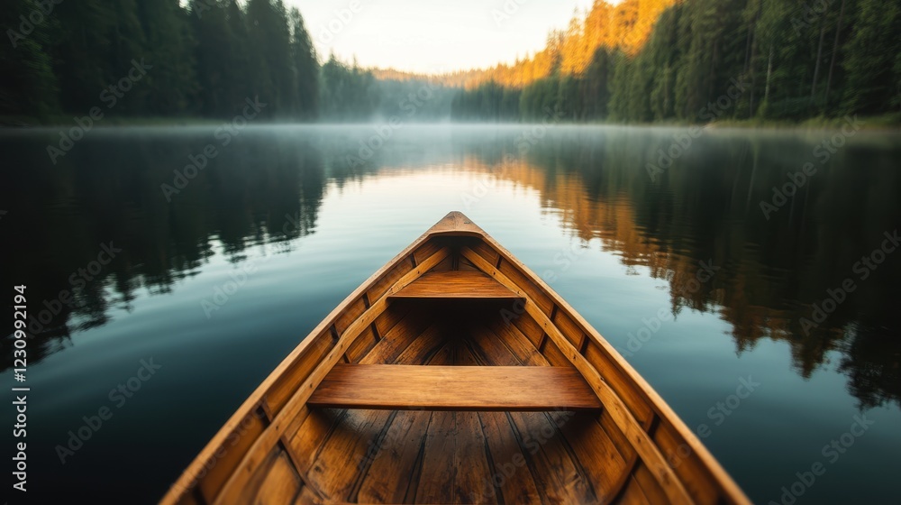 Serenity of a lone boat on a misty morning lake Serenity of a lone boat on a misty morning lake