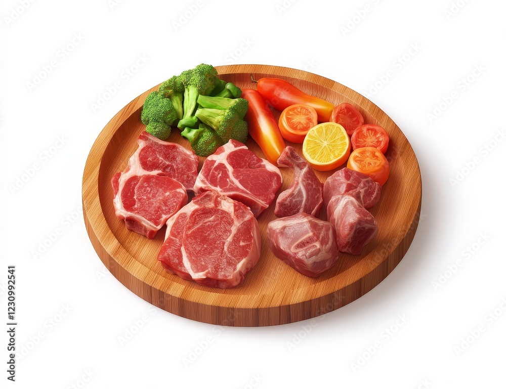 Raw beef steaks and assorted vegetables on a wooden platter. Raw beef steaks and assorted vegetables on a wooden platter.