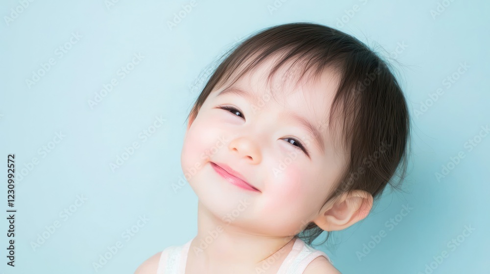 Portrait of a Happy Toddler Girl Against a Light Blue Background Portrait of a Happy Toddler Girl Against a Light Blue Background