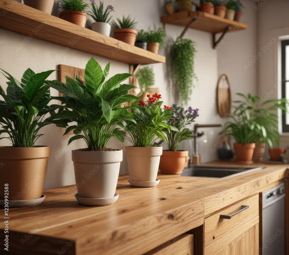Fototapeta premium Potted plants on a wooden counter in a cozy kitchen, wood, kitchen decor, cabinet