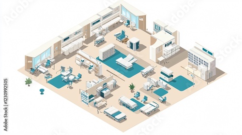 Modern Isometric Hospital Map Illustration for Healthcare Facilities Planning and Navigation App