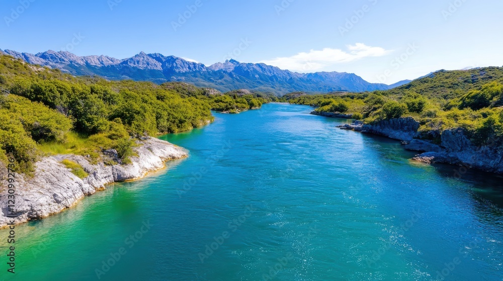 Stunning blue river meanders through vibrant greenery and mountainous terrain Stunning blue river meanders through vibrant greenery and mountainous terrain