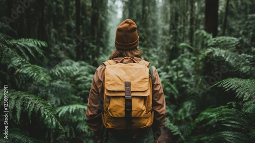 Hiking along a serene forest path surrounded by towering greenery