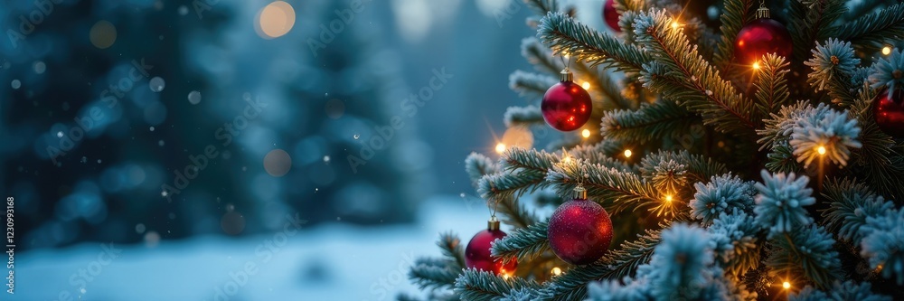 Frosty Christmas tree with ornaments and fairy lights, frosty, twinkling, evergreen Frosty Christmas tree with ornaments and fairy lights, frosty, twinkling, evergreen