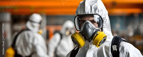 A focused worker in a protective suit and gas mask prepares for safety protocols in an industrial environment