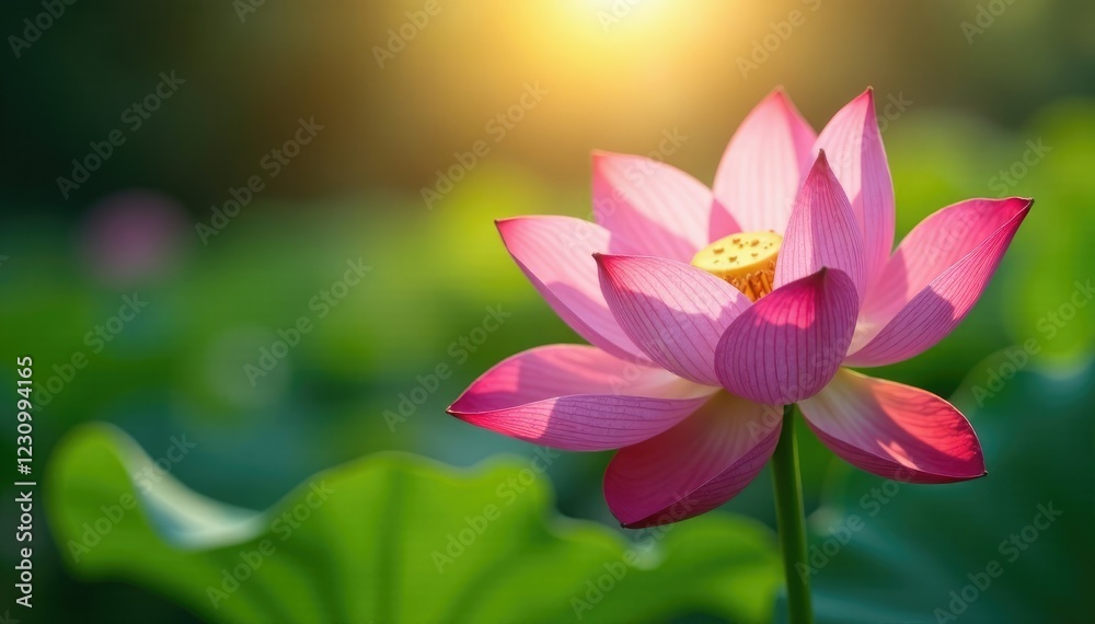 Fototapeta premium Lotus flower with long stamens and intricate details in sunlight, anther, beam, texture