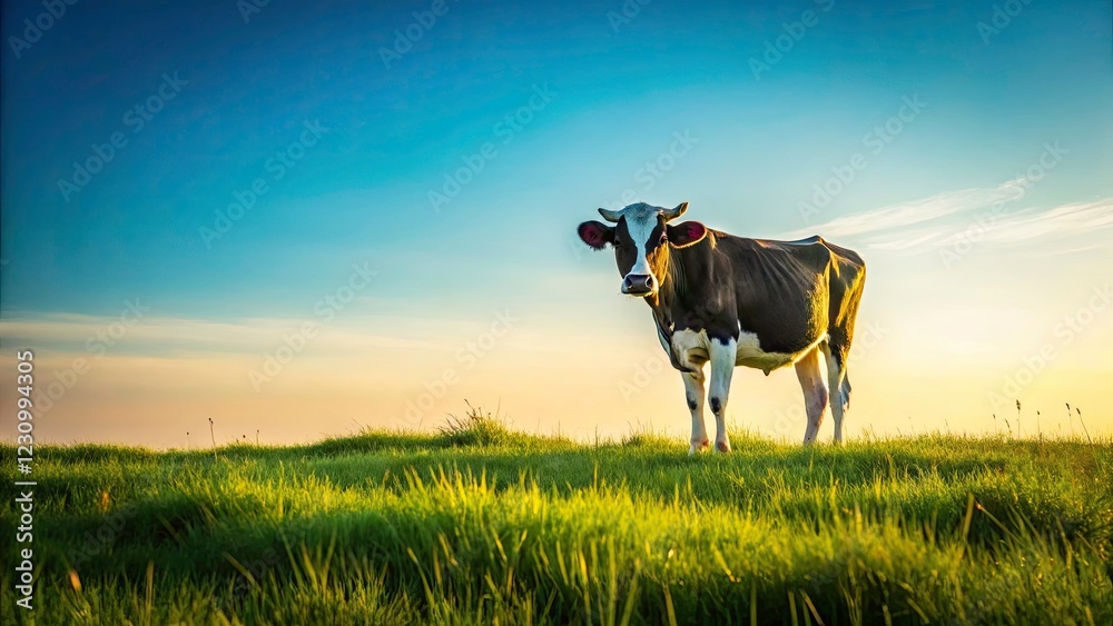 Minimalist Cow Photography: Sky, Grass, Bovine, Pastoral, Nature, Simple Background Minimalist Cow Photography: Sky, Grass, Bovine, Pastoral, Nature, Simple Background