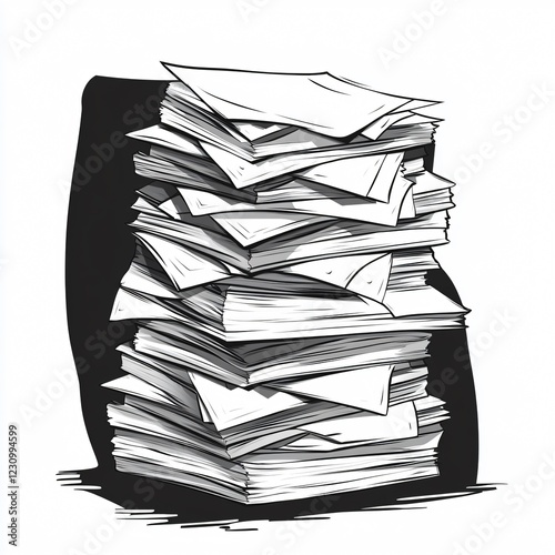 Creative Cartoon Vector Illustration of a Pile of Papers in Black and White - Ideal for Office Supplies Website Design