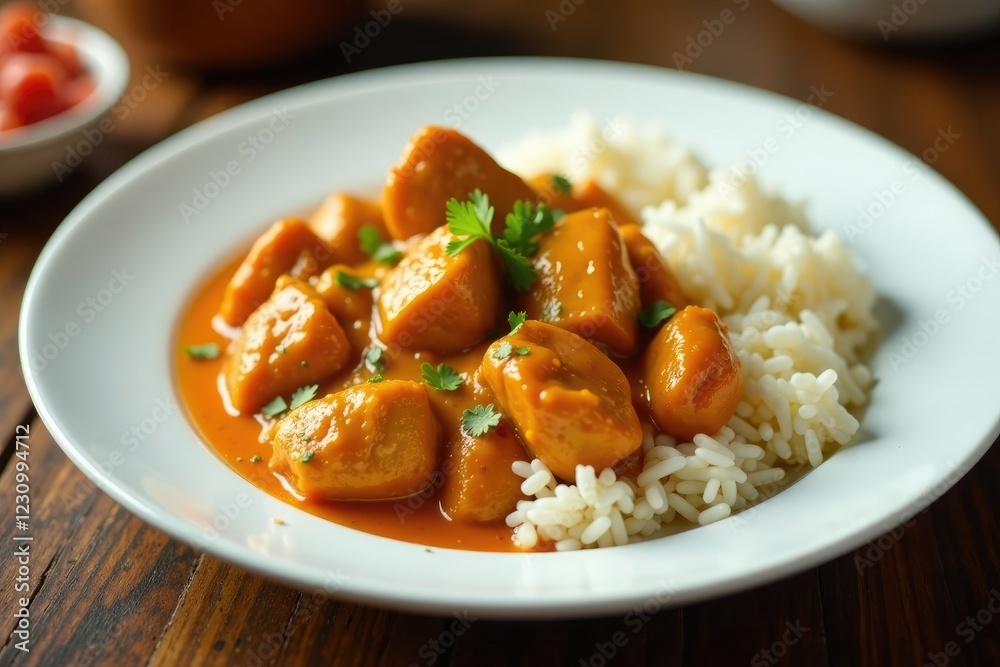 Rich saucy butter chicken with basmati rice served on a white plate, foodie, foodphotography, delicious Rich saucy butter chicken with basmati rice served on a white plate, foodie, foodphotography, delicious