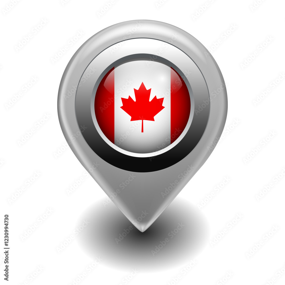 Vector Map Pin Location Icon with Canadian Flag on 3D Metallic Map Marker Vector Map Pin Location Icon with Canadian Flag on 3D Metallic Map Marker