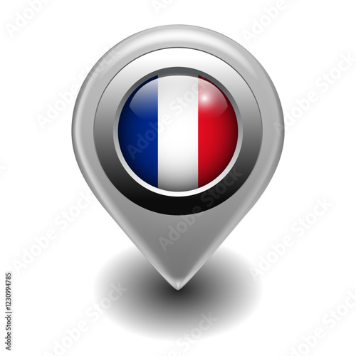 Free Download Vector Map Pin Location Icon with French Flag on 3D Metallic Map Marker - GFXLoad