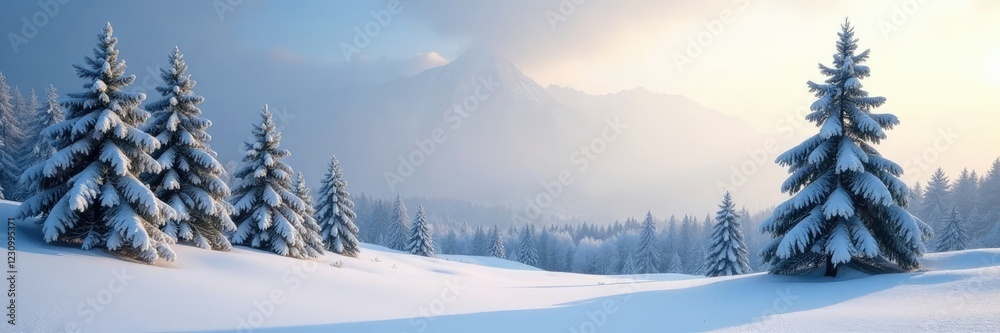 Fototapeta premium serene winter landscape with snow covered evergreen trees in frosty morning light, winter wonderland, serene