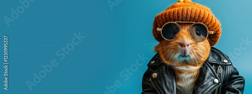 Cool guinea pig in a leather jacket and hat poses against a blue background ready for a fun tagline opportunity