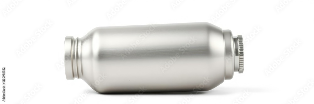 Shiny metal thermos bottle on a sleek light gray background, silver, reflective, accessory Shiny metal thermos bottle on a sleek light gray background, silver, reflective, accessory